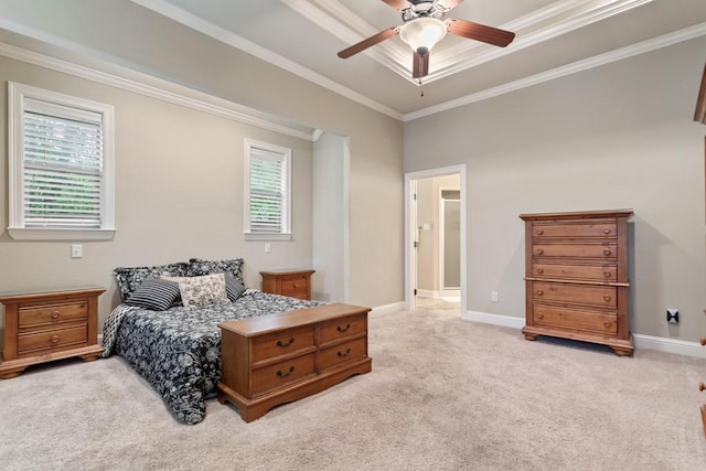 bedroom featuring ceiling fan, light carpet, crown molding, and baseboards