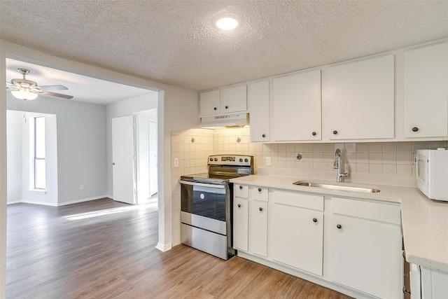 kitchen with stainless steel range with electric stovetop, under cabinet range hood, a sink, light wood-style floors, and white microwave