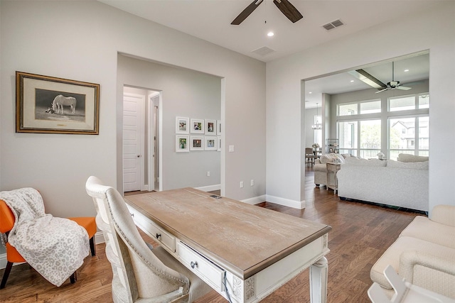 dining area with recessed lighting, visible vents, wood finished floors, and ceiling fan