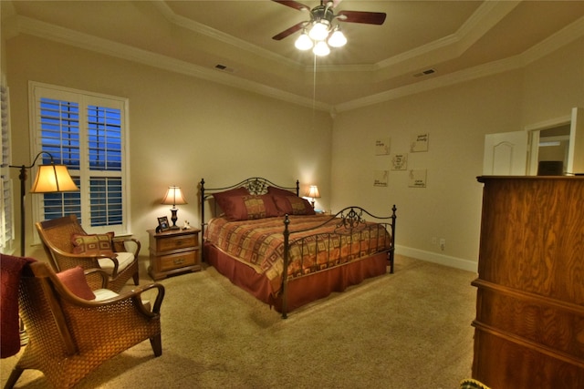 13111 Saint Orlin Way, Talty, TX 75126 - carpeted bedroom with a raised ceiling, crown molding, baseboards, and ceiling fan