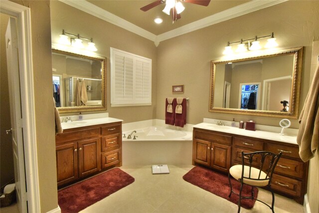 13111 Saint Orlin Way, Talty, TX 75126 - full bathroom featuring two vanities, ornamental molding, a bath, ceiling fan, and a stall shower