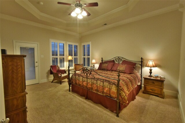 13111 Saint Orlin Way, Talty, TX 75126 - bedroom with a raised ceiling, carpet floors, baseboards, ornamental molding, and ceiling fan