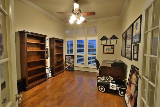 13111 Saint Orlin Way, Talty, TX 75126 - office space featuring a ceiling fan, wood finished floors, french doors, and crown molding