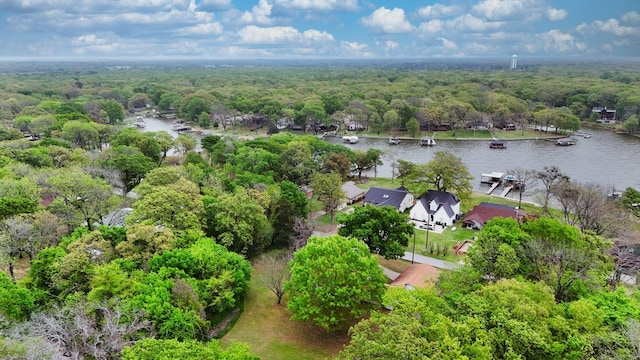 aerial view featuring a water view and a forest view