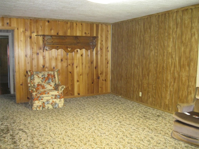 unfurnished room with wooden walls and carpet