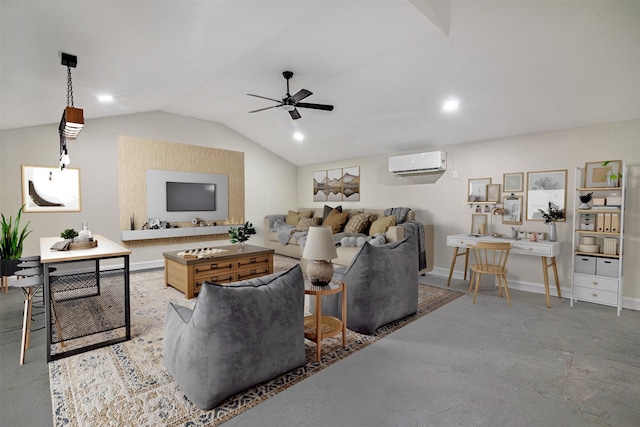living area featuring a wall mounted AC, lofted ceiling, concrete floors, baseboards, and ceiling fan