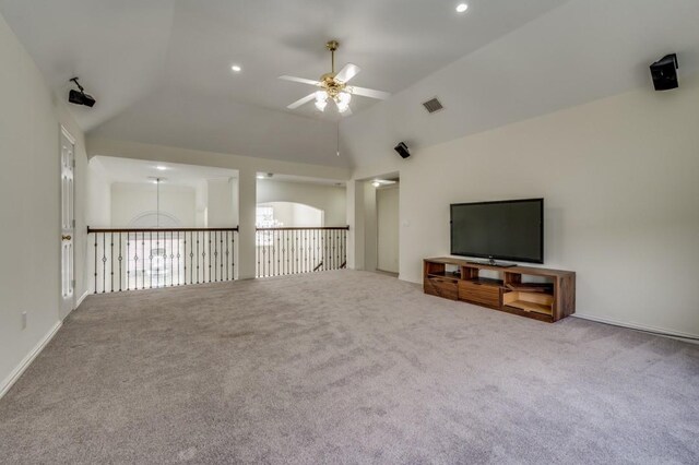 unfurnished living room featuring high vaulted ceiling, visible vents, ceiling fan, recessed lighting, and carpet floors