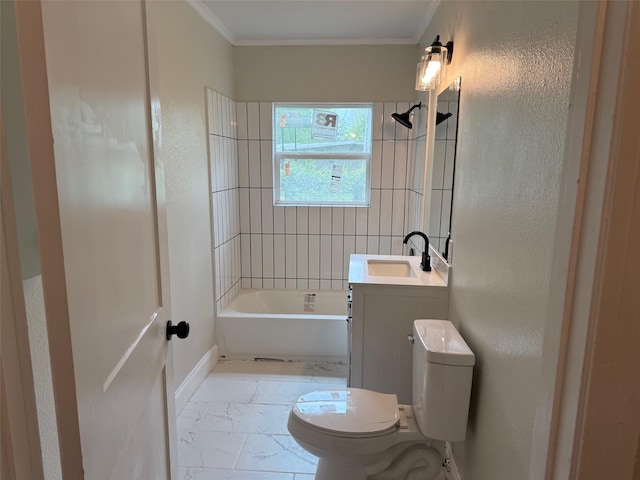 bathroom featuring toilet, baseboards, marble finish floor, washtub / shower combination, and ornamental molding
