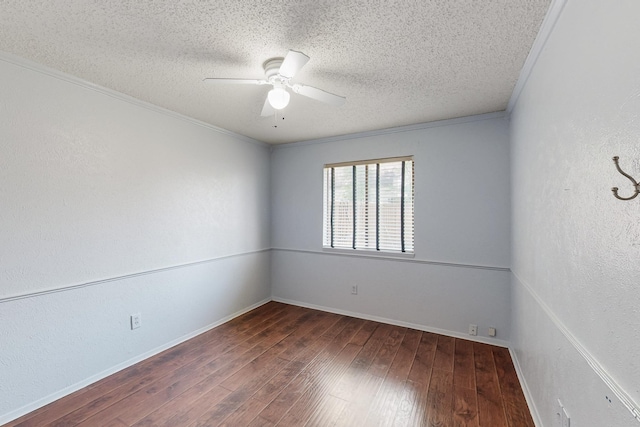 empty room with hardwood / wood-style flooring, a ceiling fan, crown molding, and a textured ceiling