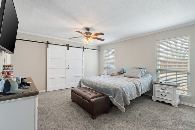 201 Volunteer Dr, Arlington, TX 76014 - carpeted bedroom featuring crown molding, a textured ceiling, and a barn door
