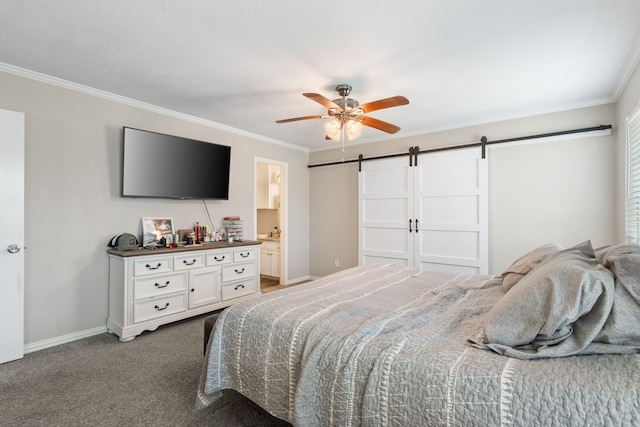 201 Volunteer Dr, Arlington, TX 76014 - carpeted bedroom with crown molding, connected bathroom, a ceiling fan, a barn door, and baseboards