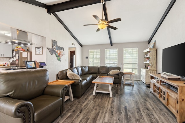 201 Volunteer Dr, Arlington, TX 76014 - living room with dark wood-type flooring, visible vents, ceiling fan, and lofted ceiling with beams