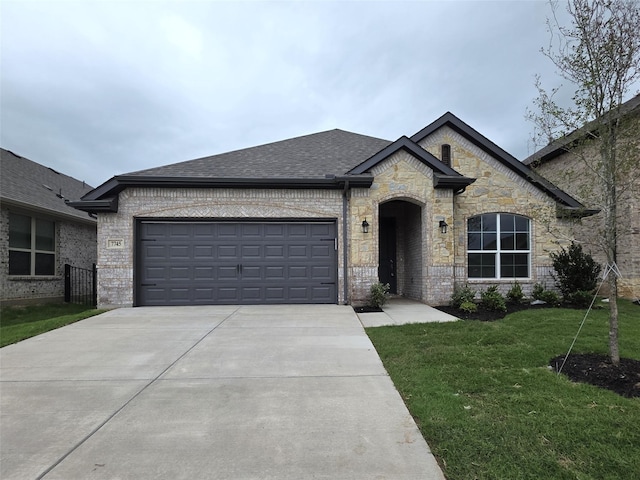 french country style house featuring a garage, a front lawn, brick siding, a shingled roof, and concrete driveway