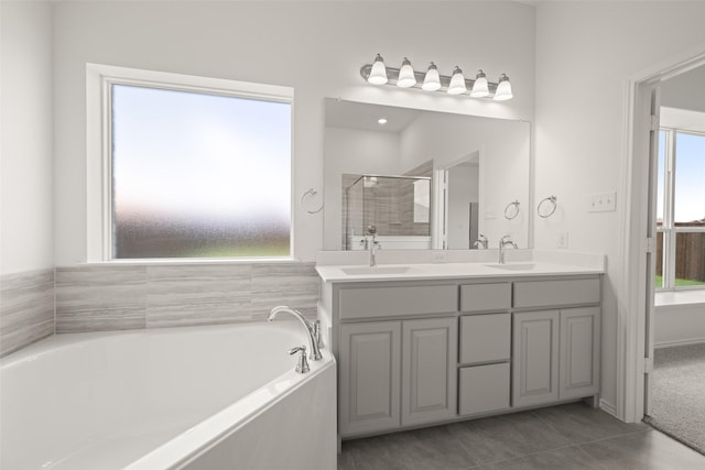 7745 Gatevine Ave, Joshua, TX 76058 - full bath with a bath, double vanity, a tile shower, and tile patterned flooring