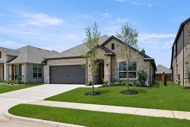 7745 Gatevine Ave, Joshua, TX 76058 - french country home with an attached garage, concrete driveway, roof with shingles, brick siding, and stone siding