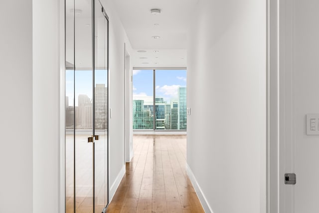 hall featuring light wood-style flooring, a view of city, baseboards, and floor to ceiling windows