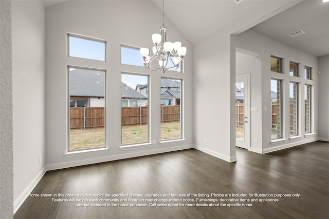 2613 Lee St, Burleson, TX 76028 - unfurnished dining area with a chandelier, dark wood-style flooring, and high vaulted ceiling