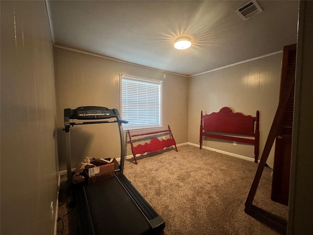 workout area featuring baseboards, ornamental molding, visible vents, and carpet floors