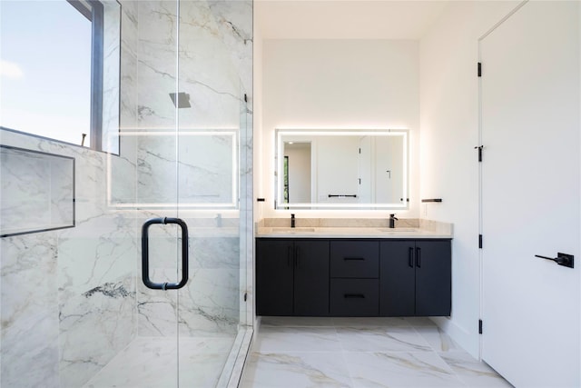 4218 Bonham St, Dallas, TX 75229 - full bath with a marble finish shower, double vanity, and marble finish flooring