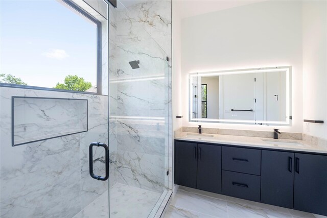 4218 Bonham St, Dallas, TX 75229 - full bathroom with a marble finish shower, marble look tiles, and double vanity