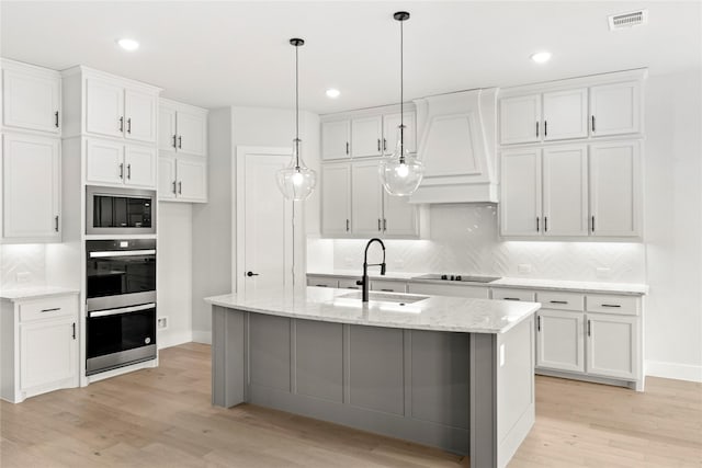160 Waterview Dr, Gunter, TX 75058 - kitchen featuring backsplash, appliances with stainless steel finishes, a sink, white cabinets, and light wood-style flooring