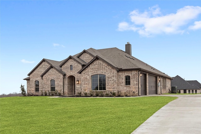 160 Waterview Dr, Gunter, TX 75058 - french provincial home featuring brick siding, an attached garage, a front yard, and a chimney