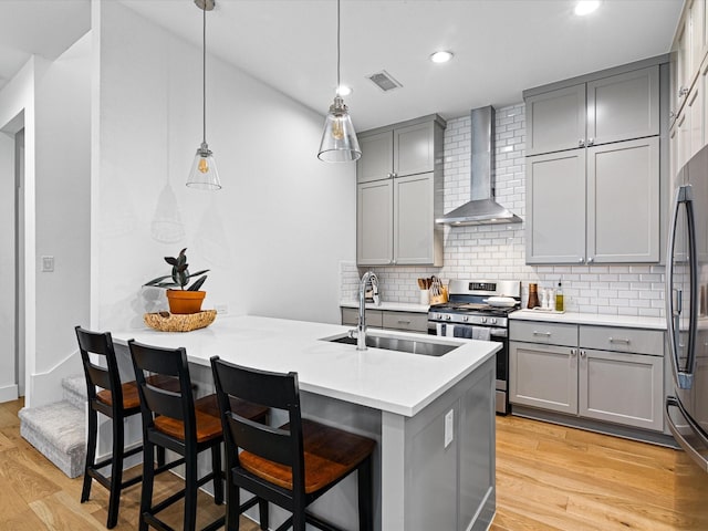 kitchen with gray cabinets, wall chimney range hood, stainless steel range with gas cooktop, visible vents, and a sink