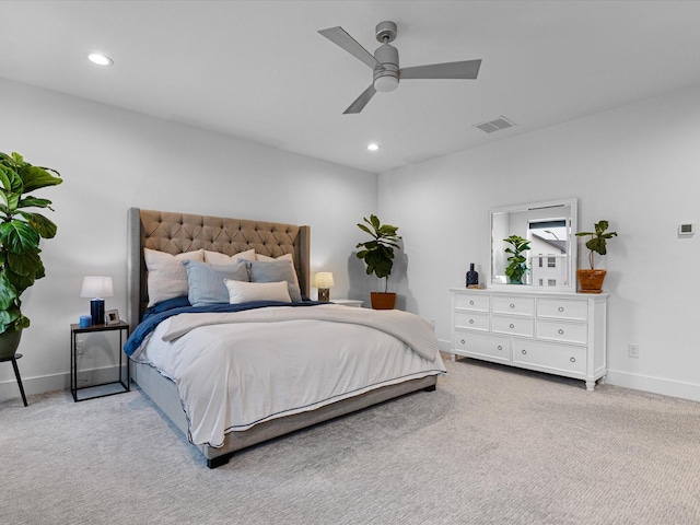 bedroom featuring baseboards, recessed lighting, carpet flooring, visible vents, and ceiling fan