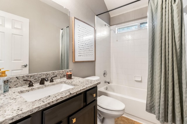 9836 Old Field Dr, Mckinney, TX 75072 - full bath featuring shower / bath combo with shower curtain, tile patterned floors, toilet, and vanity