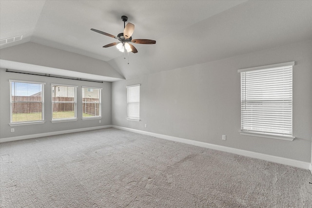 5010 Huffines Blvd, Royse City, TX 75189 - spare room featuring vaulted ceiling, baseboards, visible vents, ceiling fan, and carpet floors