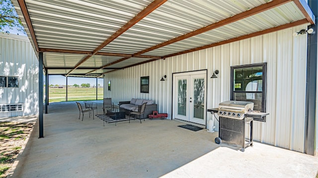 view of patio with an attached carport, grilling area, french doors, and an outdoor hangout area