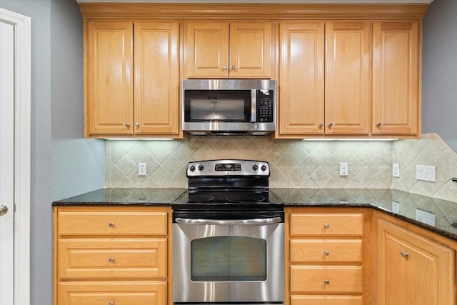 2905 Pueblo Dr, Waco, TX 76712 - kitchen with stainless steel appliances, decorative backsplash, and dark stone counters