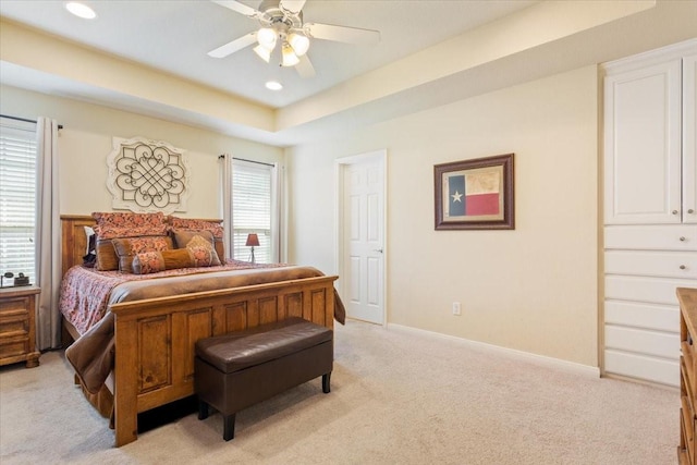 2905 Pueblo Dr, Waco, TX 76712 - bedroom featuring multiple windows, light colored carpet, recessed lighting, baseboards, and ceiling fan