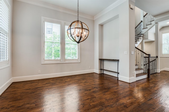 2110 Helsminster Dr, Dallas, TX 75201 - spare room featuring a chandelier, stairs, wood finished floors, crown molding, and baseboards
