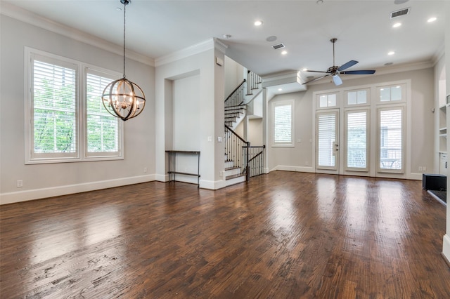 2110 Helsminster Dr, Dallas, TX 75201 - unfurnished living room featuring ceiling fan, stairway, crown molding, healthy amount of natural light, and recessed lighting