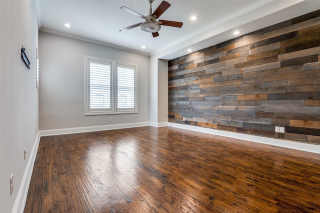 2110 Helsminster Dr, Dallas, TX 75201 - empty room with a ceiling fan, dark wood finished floors, baseboards, crown molding, and recessed lighting