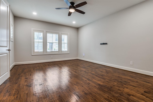 2110 Helsminster Dr, Dallas, TX 75201 - empty room featuring a ceiling fan, baseboards, dark wood-style floors, and recessed lighting