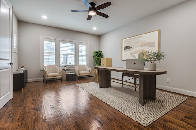 2110 Helsminster Dr, Dallas, TX 75201 - office area with a ceiling fan, baseboards, wood finished floors, and recessed lighting