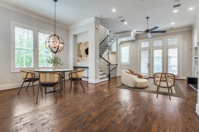 2110 Helsminster Dr, Dallas, TX 75201 - dining area with stairs, a ceiling fan, ornamental molding, baseboards, and recessed lighting