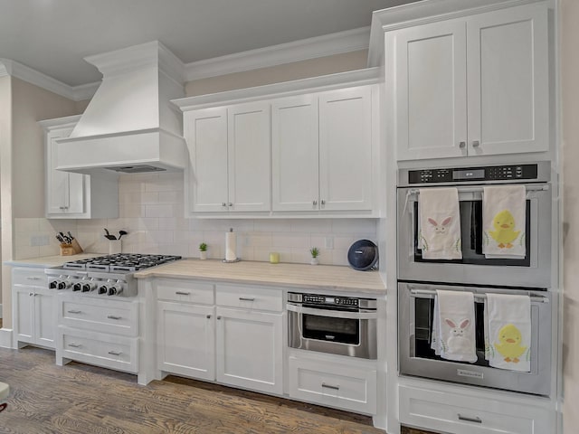8505 Tierra Ct, Benbrook, TX 76126 - kitchen featuring stainless steel appliances, custom range hood, light countertops, white cabinets, and ornamental molding