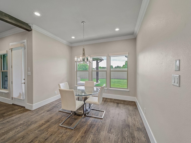 8505 Tierra Ct, Benbrook, TX 76126 - dining room with baseboards, crown molding, dark wood-style floors, and a notable chandelier