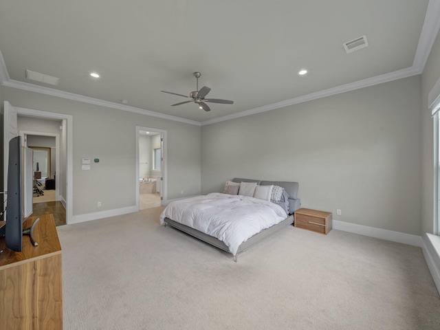 8505 Tierra Ct, Benbrook, TX 76126 - bedroom with crown molding, visible vents, carpet flooring, and baseboards