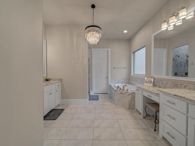 8505 Tierra Ct, Benbrook, TX 76126 - bathroom with tile patterned flooring, vanity, a bath, a chandelier, and a stall shower