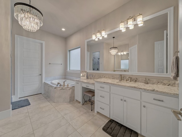 8505 Tierra Ct, Benbrook, TX 76126 - full bathroom with a chandelier, a bath, tile patterned floors, and vanity