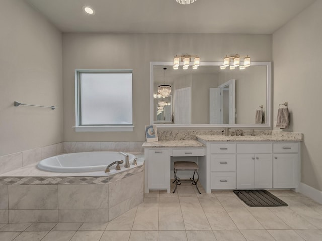8505 Tierra Ct, Benbrook, TX 76126 - bathroom with vanity, a garden tub, tile patterned flooring, and an inviting chandelier