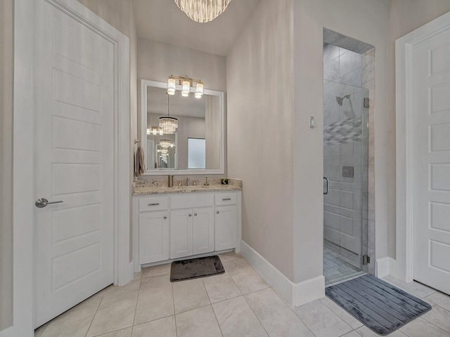 8505 Tierra Ct, Benbrook, TX 76126 - bathroom with tile patterned flooring, a notable chandelier, and a stall shower
