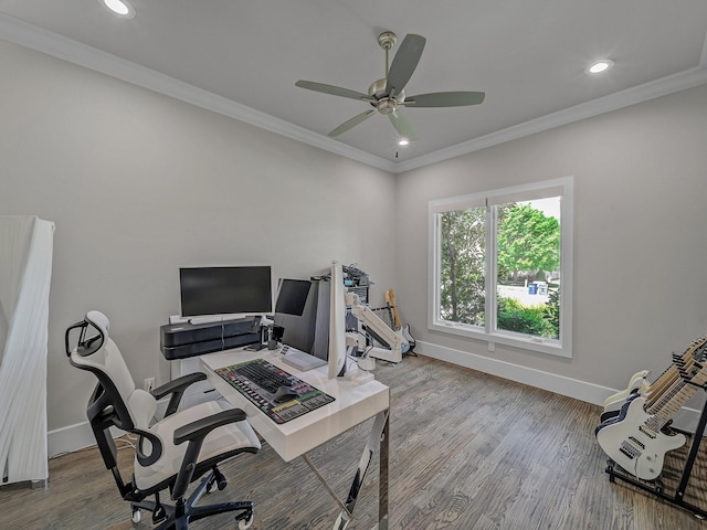 8505 Tierra Ct, Benbrook, TX 76126 - office area featuring recessed lighting, wood finished floors, ornamental molding, baseboards, and ceiling fan