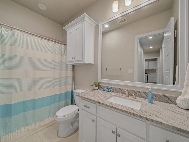 8505 Tierra Ct, Benbrook, TX 76126 - full bathroom with toilet, visible vents, recessed lighting, tile patterned flooring, and vanity