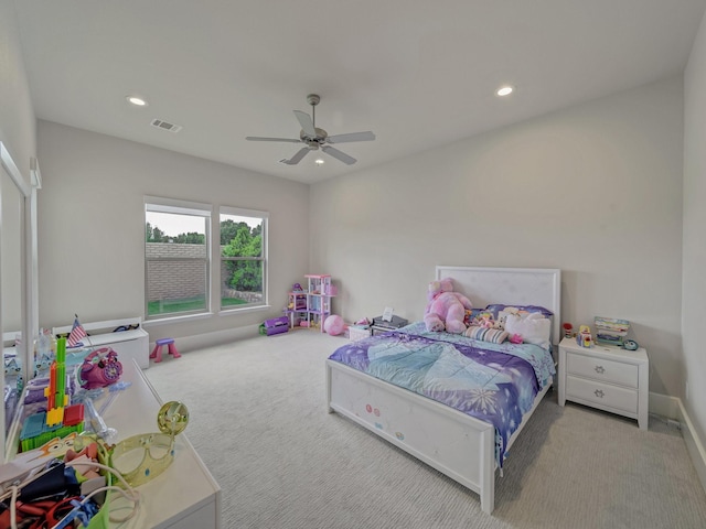 8505 Tierra Ct, Benbrook, TX 76126 - bedroom featuring recessed lighting, carpet, visible vents, and a ceiling fan