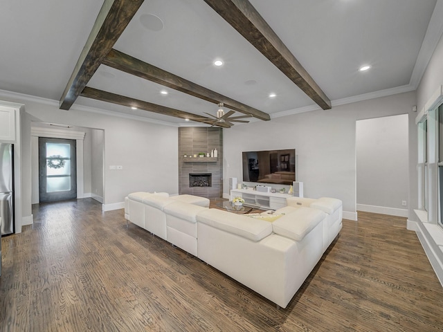 8505 Tierra Ct, Benbrook, TX 76126 - living area with beam ceiling, baseboards, and dark wood-style flooring